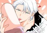  1boy 1girl bleach commission green_eyes highres hitsugaya_toushirou hitsugaya_toushirou_(adult) il_(il_suffered) jacket licking licking_leg matsumoto_rangiku pov spiked_hair valentine white_hair white_jacket 