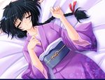  1girl bed black_hair blush braid braids breasts cleavage daikokuya_kyouko downhill_night emily_(artist) emily_(pure_dream) eyes_closed game_cg japanese_clothes kimono top_(company) 