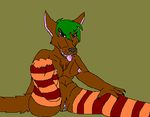  blue_eyes breasts brown_fur canine claws fangs female fur gimmeyourallmoney! green_hair hair legwear mammal ms_paint nipples pussy solo stockings striped_stockings tongue tongue_out 