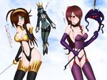  3girls atlus breasts character_request cleavage cosplay crossover green_eyes high-cut_armor kirijou_mitsuru long_hair moaizmoai multiple_girls namesake nyx persona persona_3 queen&#039;s_blade queen's_blade translation_request 