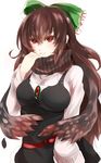  alternate_costume amua belt black_wings bow brown_hair casual contemporary hair_bow long_hair red_eyes reiuji_utsuho scarf simple_background smile solo striped striped_scarf sweater third_eye touhou white_background wings 