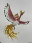  absurdres bird clothed_pokemon cosplay dittoinks highres ho-oh ho-oh_(cosplay) no_humans open_mouth photo_(medium) pikachu pokemon pokemon_(creature) signature traditional_media white_background 