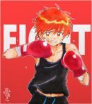  1boy bandaged_arm bandages bandaid bandaid_on_arm bandaid_on_cheek bandaid_on_face black_pants black_tank_top boxing_gloves clenched_teeth commentary drawstring english_commentary fukatsuki_mizuki gloves highres injury looking_at_viewer male_focus midriff_peek navel original pants red_background red_eyes red_gloves red_hair short_hair signature solo standing sweat tank_top teeth traditional_media upper_body 