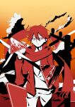  1boy alternate_hair_color closed_mouth cloud commentary_request cowboy_shot evening fringe_trim frown golden_hour gradient_sky hair_between_eyes irone_5392 jacket kagerou_days_(vocaloid) kagerou_project kisaragi_shintarou long_sleeves looking_to_the_side male_focus multicolored_sky open_clothes open_jacket orange_sky outdoors paint_splatter pants partial_commentary partially_colored power_lines red_eyes red_hair red_jacket red_scarf red_sky road_sign scarf shirt short_hair sign sky solo_focus stop_sign track_jacket unhappy utility_pole warm_colored yellow_sky 