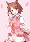  1girl absurdres animal_ears ascot becherry black_thighhighs blush breasts brown_hair collared_shirt commentary_request ear_scrunchie flower-shaped_pupils flower_in_eye garter_straps hair_ornament heart highres horse_ears horse_girl horse_tail looking_at_viewer open_mouth pink_ascot pink_eyes pink_garter_straps pink_vest pink_wrist_cuffs puffy_short_sleeves puffy_sleeves purple_eyes sakura_laurel_(saisir_le_reve)_(umamusume) sakura_laurel_(umamusume) shirt short_hair short_sleeves shorts smile solo symbol-shaped_pupils symbol_in_eye tail thighhighs umamusume vest white_shirt white_shorts wrist_cuffs 