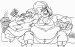 2015 alphys anthro aquatic arm_around_shoulders belly belly_overhang big_belly black_and_white book bottomwear bowl breasts buckteeth button_(fastener) chubby_cheeks cleavage clothed clothing collared_shirt container double_chin dress_shirt duo english_text eye_patch eyewear fat_arms fat_rolls female female/female fin fires fish food food_stains fupa furniture glasses grin hair head_fin hi_res holding_book holding_object huge_belly keij leg_rolls love_handles meat messy messy_eater monochrome morbidly_obese morbidly_obese_anthro morbidly_obese_female muffin_top obese obese_anthro obese_female on_sofa open_mouth open_smile overweight overweight_anthro overweight_female pants ponytail reptile ribs_(food) scalie sharp_teeth shirt simple_background sitting sitting_on_sofa sketch slob smile sofa straining_buttons tank_top teeth text topwear trash undertale undertale_(series) undyne wearing_glasses white_background