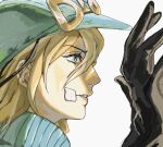  1boy aqua_sweater bandaid bandaid_on_face black_gloves blonde_hair blue_eyes blue_helmet blue_sweater commentary_request diego_brando from_side gloves goggles goggles_on_headwear hair_between_eyes hand_up helmet highres jojo_no_kimyou_na_bouken long_hair male_focus medium_hair parted_lips portrait profile simple_background skht_5 solo steel_ball_run sweater teeth turtleneck turtleneck_sweater white_background 
