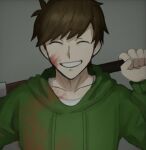  1boy ^_^ animification antenna_hair blood blood_on_clothes blood_on_face brown_hair closed_eyes commentary_request drawstring edd_(eddsworld) eddsworld facing_viewer film_grain green_hoodie grey_background grin hair_behind_ear holding holding_shovel hood hood_down hoodie kou_1810 long_sleeves male_focus shirt short_hair shovel simple_background smile solo swept_bangs upper_body white_shirt 