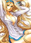  akihidekawa blonde_hair blue_eyes blue_headband breasts cleavage dress_shirt guilty_gear hairband large_breasts long_hair lowres millia_rage open_clothes open_shirt parted_lips shirt solo very_long_hair 