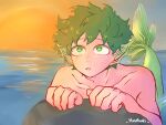 2019 aquatic big_eyes chelsea60325 curled_fingers freckles glowing glowing_eyes green_eyes green_hair green_tail hair humanoid_merfolk izuku_midoriya looking_up merfolk my_hero_academia pale_skin rock sea solo split_form tail water