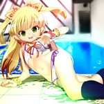  :p aburisamon backpack bad_id bad_pixiv_id bag bikini blonde_hair blush bow bracelet eyelashes green_eyes hair_bow hair_ornament idolmaster idolmaster_cinderella_girls indoors jewelry jougasaki_rika long_hair lying naughty_face navel on_side pool poolside randoseru rei_no_pool side-tie_bikini smile solo swimsuit tongue tongue_out two_side_up v window 