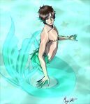 2016 ambient_sealife ambient_starfish aquatic attack_on_titan brown_hair eren_jaeger green_eyes green_tail hair humanoid_merfolk magickitt male membrane_(anatomy) merfolk pale_skin signature solo split_form tail webbed_hands