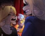  >_< 1boy 1girl aged_down awkward bags_under_eyes barefoot berdly_(deltarune) bird_boy black_dress blonde_hair blue_feathers blue_lips buck_teeth bugmael carol_holiday child clenched_teeth closed_eyes collar comforting crying curtains deltarune dress dress_flower feathers flashback flower freckles frilled_collar frills furry furry_female furry_male glasses holding holding_trophy hunched_over mother_and_child mother_and_daughter noelle_holiday parent_and_child purple_flower purple_shirt purple_suit reindeer_girl round_eyewear shirt sideways_glance stage stage_curtains suit teeth theater_seating trophy uncomfortable utdr_(toby_fox) wavy_eyebrows wooden_floor worried 