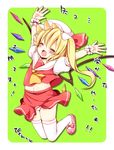  :d ^_^ arms_up blonde_hair blush closed_eyes flandre_scarlet green_background happy hat hat_ribbon highres irori jumping legs_up navel open_mouth panties pantyshot revision ribbon short_hair side_ponytail skirt smile solo thighhighs touhou translation_request underwear white_legwear white_panties wings wrist_cuffs 