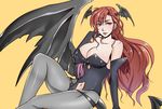  black_gloves black_wings breasts cleavage collarbone cosplay demon_tail demon_wings elbow_gloves gloves gradient_hair head_wings hirakawa large_breasts lips long_hair multicolored_hair navel pantyhose pink_hair red_eyes red_hair saphine_grace single_wing super_robot_wars super_robot_wars_the_lord_of_elemental tail wings 