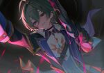  1boy absurdres ahoge black_gloves blood blood_on_knife blood_splatter blue_eyes blue_jacket blue_vest commentary cowboy_shot empty_eyes english_commentary genshin_impact gloves green_hair highres holding holding_knife incoming_attack jacket jangnam knife lohen_(genshin_impact) male_focus pink_blood red_pupils solo vest 