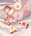  1girl antenna_hair bow bowtie brown_hair cardcaptor_sakura commentary creature dav-19 dress dutch_angle dynamic_pose english_commentary fuuin_no_tsue gloves green_eyes hat holding holding_unworn_clothes holding_unworn_hat holding_wand inline_skates kero_(cardcaptor_sakura) kinomoto_sakura kinomoto_sakura_(magician) magical_girl pink_bow pink_bowtie pink_dress roller_skates short_hair skates solo unworn_hat unworn_headwear wand white_gloves wings 