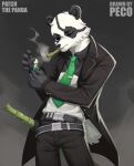 1boy absurdres agent_patch_(fortnite) animal_ears artist_name black_fur black_pants black_suit character_name english_commentary english_text fortnite furry furry_male green_necktie highres holding holding_lighter lighter looking_at_viewer male_focus multicolored_fur necktie one_eye_closed panda_boy panda_ears panda_tail pants peco2057 sheath sheathed shirt suit white_fur white_shirt 