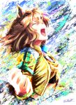 1girl absurdres animal_ears bandeau black_bandeau blue_skirt braid brown_hair closed_eyes cloud commentary_request hair_between_eyes hair_ornament hairclip half_up_braid half_up_half_down_braid highres horse_ears horse_girl horse_tail jacket jungle_pocket_(champion's_battle_cry)_(umamusume) jungle_pocket_(umamusume) long_sleeves medium_hair midriff navel open_mouth revision roaring shouting skirt smile solo tail teeth umamusume umamusume:_beginning_of_a_new_era upper_teeth_only ya-ya yellow_bandeau yellow_jacket 