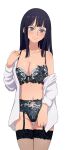  1girl absurdres black_bra black_garter_straps black_hair black_panties blue_eyes bra breasts cleavage commentary_request garter_straps highres lace lace_bra lace_panties large_breasts long_hair long_sleeves looking_at_viewer na-suke navel nico_robin one_piece open_clothes open_shirt panties see-through_clothes see-through_thighhighs shirt simple_background smile solo standing stomach thighhighs underwear variant_set white_background white_shirt 