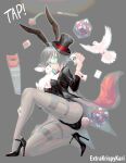  1girl absurdres animal_ears bird black_coat black_hair black_leotard bow bowtie breasts card cleavage coat detached_collar dove extrakrispykari fake_animal_ears fake_tail flower glasses green_eyes hat high_heels highres leotard looking_at_viewer magician medium_breasts meme original pantyhose playboy_bunny playing_card rabbit_ears rabbit_tail rose saw short_hair smile strapless strapless_leotard tail tap_me_(meme) thigh_strap top_hat wand white_rabbit_(animal) wrist_cuffs 