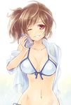  ;) bikini blush breasts brown_eyes brown_hair can can_to_cheek collarbone front-tie_top grin holding medium_breasts meiko mikipa navel one_eye_closed open_clothes open_shirt project_diva_(series) project_diva_f shirt side-tie_bikini side_ponytail simple_background smile solo summer_idol_(vocaloid) swimsuit swimwear_(module) vocaloid white_background 
