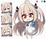  1girl 7:08 :d \||/ ^_^ ahoge ascot atri atri-my_dear_moments- black_ribbon blue_sailor_collar blush_stickers brown_hair chibi chibi_only closed_eyes closed_mouth commentary_request dress eyes_visible_through_hair facing_viewer frown full_body hair_between_eyes hair_ribbon happy highres jitome long_hair long_sleeves looking_at_viewer multiple_expressions o_o open_mouth outstretched_arm red_ascot red_eyes ribbon sailor_collar sailor_dress sidelocks simple_background smile solo standing surprised tareme triangle_mouth two_side_up v-shaped_eyebrows very_long_hair white_background white_dress wide_sleeves 