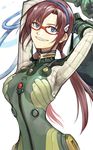  arms_up blue_eyes bodysuit brown_hair evangelion:_2.0_you_can_(not)_advance glasses green_bodysuit grin hairband kuzuvine long_hair makinami_mari_illustrious neon_genesis_evangelion plugsuit rebuild_of_evangelion smile solo twintails 