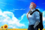  1boy 2bro. beard blue_sky cloud commentary_request english_text engrish_text facial_hair field flower flower_field flying_sweatdrops hand_in_pocket highres holding holding_jacket holding_unworn_clothes jacket lens_flare light_rays male_focus otoja_(2bro.) pectorals profile ranguage red_hair signature sky sleeves_rolled_up smile solo sunflower sunflower_field sweat thick_eyebrows toshimichi_yukari unworn_jacket upper_body 