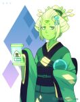  1girl adapted_costume alien alternate_costume animification blonde_hair colored_skin dav-19 food forehead_jewel gem gem_(steven_universe) green_skin japanese_clothes kimono limb_enhancers_(steven_universe) onigiri peridot_(steven_universe) robonoid sardonyx_(steven_universe) solo steven_universe white_eyeshadow 