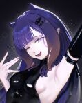  1girl \||/ alternate_costume arm_up armpits blue_eyes breasts commentary f1shtako fang gradient_hair highres hololive hololive_english multicolored_hair ninomae_ina'nis one_eye_closed open_mouth orange_hair pointy_ears purple_hair small_breasts solo sweat tentacle_hair untranslatable_commentary virtual_youtuber 
