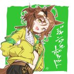  1girl ahoge animal_ears bandeau belt black_skirt blush braid breasts brown_belt brown_hair commentary_request fangs hair_between_eyes hair_ornament hairclip half_up_braid half_up_half_down_braid hands_in_pockets highres horse_ears horse_girl horse_tail jacket jewelry jungle_pocket_(champion's_battle_cry)_(umamusume) jungle_pocket_(umamusume) long_sleeves looking_at_viewer medium_hair midriff navel open_clothes open_mouth panch4989new skirt small_breasts smile solo tail umamusume yellow_bandeau yellow_eyes yellow_jacket 