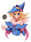  1girl bare_shoulders blonde_hair blue_hat blush blush_stickers breasts cape cleavage closed_mouth collarbone commentary_request cropped_arm cropped_torso dark_magician_girl eyelashes green_eyes hat highres kuriboh long_hair pink_cape signature simple_background smile wakaba_(wata_ridley) white_background yu-gi-oh! 