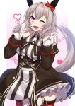  1girl absurdres animal_ears bare_shoulders blush bow breasts coat commentary_request curren_chan_(fille_eclair)_(umamusume) curren_chan_(umamusume) dress ear_bow ear_covers gloves grey_hair heart highres horse_ears horse_girl horse_tail kameno_sachi long_sleeves looking_at_viewer medium_breasts off-shoulder_coat off-shoulder_dress off-shoulder_jacket off_shoulder one_eye_closed open_mouth purple_eyes red_bow red_thighhighs short_hair smile solo striped_clothes striped_dress tail thighhighs umamusume vertical-striped_clothes vertical-striped_dress white_gloves 