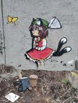  1girl absurdres animal_ear_fluff animal_ears brown_hair bug butterfly butterfly_net cat_ears cat_tail chen commentary dress frilled_dress frills graffiti_(medium) green_hat hand_net hat highres medium_hair mob_cap multiple_tails nekomata photo_(medium) red_skirt red_vest shirt skirt skirt_set smile solo tail touhou two_tails vest white_shirt yuuren_kyouko 