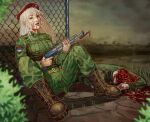  1boy 1girl albino bayonet belt belt_buckle beret blood blood_on_clothes blood_on_face blood_on_weapon blood_splatter boots bosnian_army brain brown_boots buckle callsign camouflage camouflage_jacket camouflage_pants chain-link_fence commission commissioner_upload erratas exposed_brain eyeball fence green_belt grey_sky gun guro hat highres holding holding_gun holding_weapon jacket lace-up_boots leaf logo long_hair looking_at_viewer lower_teeth_only military_uniform mossberg_590 nasa_logo non-web_source original outdoors pants pool_of_blood realistic red_eyes red_hat republika_srpska scorpions_(paramilitary) serbian_flag shotgun sitting sky soldier teeth tongue weapon weapon_request white_hair yugoslav_wars zarya_petrovic 