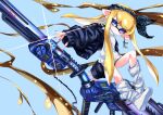  1girl black_hairband black_jacket blonde_hair blue_background bow_hairband commentary e-liter_4k_(splatoon) english_commentary eyelashes glint hairband highres ink inkling inkling_girl inkling_player_character jacket kiss_my_eyelidz leg_warmers long_hair nail_polish open_clothes open_jacket paint pointy_ears purple_eyes red_nails shoes sleeves_past_wrists solo splatoon_(series) splatoon_3 sweater tentacle_hair weapon white_leg_warmers white_shoes white_sweater 