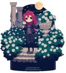  1girl animated animated_gif black_boots black_jacket black_pants blinking boots borrowed_character bush commentary commission dav-19 english_commentary flower full_moon garden glasses grey_shirt holding holding_flower jacket long_hair looping_animation lowres moon night open_clothes open_jacket original pants pillar pixel_art red_eyes red_hair red_scarf rose scarf shirt sky solo sparkle star_(sky) transparent_background web_address white_flower white_rose 