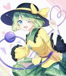  1girl ;d absurdres black_hat blouse blue_eyes bow collared_shirt commentary_request cowboy_shot disembodied_linked_eye dutch_angle eyeball fang floral_print floral_print_skirt frilled_shirt_collar frilled_sleeves frills green_hair green_skirt hat hat_bow hat_ribbon heart heart_of_string highres komeiji_koishi long_sleeves looking_at_viewer nyanaya one_eye_closed print_skirt ribbon rose_print shirt simple_background skin_fang skirt smile solo sparkle third_eye touhou wavy_hair white_background wide_sleeves yellow_bow yellow_ribbon yellow_shirt 