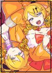  aku_no_meshitsukai_(vocaloid) aku_no_musume_(vocaloid) allen_avadonia ascot bare_shoulders black_flower black_rose blonde_hair blue_eyes blush_stickers bow brother_and_sister brown_vest choker coat collarbone collared_coat collared_jacket dress dress_bow evillious_nendaiki field flower flower_field frilled_sleeves frills hair_bow hair_ornament hairclip half-closed_eyes hand_on_own_chest high_ponytail highres jacket kagamine_len kagamine_rin looking_at_viewer lying off-shoulder_dress off_shoulder on_back open_clothes open_coat open_jacket orange_bow orange_ribbon parallel_hairclips ponytail ribbon riliane_lucifen_d'autriche rose rotational_symmetry short_hair short_ponytail siblings sidelocks smile swept_bangs tentekomen twins updo vest vocaloid waist_ribbon white_ascot wide_sleeves yellow_choker yellow_coat yellow_dress yellow_flower yellow_jacket yellow_rose 