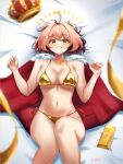  1girl ahoge artist_name bikini black_hair breasts cape colored_bangs crown feet_out_of_frame fur-trimmed_cape fur_trim gold_bar gold_bikini grin h3p0 highres large_breasts looking_at_viewer lying multicolored_hair osu! parted_lips pink_hair pippi_(osu!) red_cape short_hair smile solo swimsuit two-tone_hair unworn_crown yellow_eyes 
