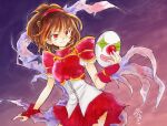  1girl armor brown_hair chest_guard closed_mouth clown_mask commentary corset cowboy_shot doppelganger_arle fukatsuki_mizuki high_ponytail highres holding holding_mask mask medium_hair miniskirt pauldrons pleated_skirt ponytail puyopuyo puyopuyo~n red_armor red_eyes red_skirt short_sleeves shoulder_armor signature skirt smile solo standing traditional_media unworn_mask white_corset 