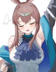  1girl absurdres amiya_(arknights) animal_ear_fluff animal_ears aqua_collar aqua_jacket arknights arm_up armpits ascot bare_shoulders black_jacket blue_ascot blush breasts brown_hair closed_eyes collar commentary_request highres jacket jewelry large_breasts long_hair long_sidelocks multicolored_jacket multiple_rings open_clothes open_jacket open_mouth rabbit_ears rabbit_girl ring shirt sideboob sidelocks small_sweatdrop solo spam_(spamham4506) two-tone_jacket upper_body white_shirt 