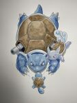  absurdres blastoise brown_eyes claws dittoinks evolutionary_line highres looking_at_viewer no_humans photo_(medium) pokemon pokemon_(creature) solo squirtle tail traditional_media wartortle white_background 