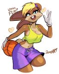 2026 anthro basketball blonde_hair blue_eyes bottomwear breasts brown_body buckteeth clothing collarbone crop_top dialogue eyebrows eyelashes female gloves hair handwear heart_symbol hi_res jamoart lagomorph leporid lola_bunny looney_tunes mammal navel open_mouth rabbit shirt shorts solo teeth topwear warner_brothers
