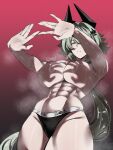  \||/ abs absurdres biceps breasts caesar_king_(zenless_zone_zero) commentary double_\||/ english_commentary green_hair gy_beth hair_between_eyes hand_shadow_covering_breasts_(meme) highres large_breasts meme more_muscular_than_canon muscular muscular_female no_nipples no_prosthetic_arm nude obliques outstretched_arms shadow shadow_censor sports_panties spread_fingers topless_female zenless_zone_zero 