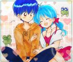  1boy 1girl animal aoi_(kero_kero_chime) arm_hug between_legs blue_hair blue_pants bow closed_eyes closed_mouth commentary_request drawstring dress frog fukatsuki_mizuki hair_bow hand_between_own_legs happy heart heart_necklace hetero highres hood hood_down hoodie indian_style jewelry kero_kero_chime looking_at_another low_twintails mimori_(kero_kero_chime) necklace open_mouth orange_eyes orange_hoodie pants pink_bow pink_dress signature sitting smile strapless strapless_dress traditional_media twintails 