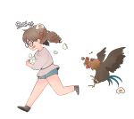  >_< 1girl anger_vein bird black-framed_eyewear black_shoes blue_shorts broken_egg brown_hair character_request chasing chicken commentary drill_hair egg full_body glasses grey_shirt holding holding_egg korean_text mabinogi medium_hair open_mouth profile reinforced round_eyewear running shirt shoes short_shorts shorts sideways_mouth simple_background solo sound_effects three-quarter_sleeves translation_request twin_drills twintails white_background 