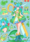 1girl ankle_boots blush boots bow braid breasts capelet cleavage commentary dress facing_viewer flipped_sidelocks frog_eye_headwear frog_hat from_side full_body furrype4ch gloves green_boots green_capelet green_dress green_eyes green_gloves green_hair gwen_(league_of_legends) hair_bow heterochromia highres holding holding_own_dress holding_umbrella hood hood_down hooded_capelet league_of_legends lily_pad long_hair looking_to_the_side mismatched_pupils multiple_views musical_note notice_lines official_alternate_costume oversized_object profile rain_shepherd_gwen red_bow scissors sidelocks sideways_glance simple_background smile solo sprout sprout_on_head symbol-shaped_pupils twin_braids umbrella untranslatable_commentary water_drop x-shaped_pupils 
