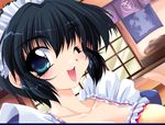  1girl black_hair blue_eyes blush daikokuya_kyouko downhill_night emily_(artist) emily_(pure_dream) game_cg maid maid_headdress top_(company) wink 